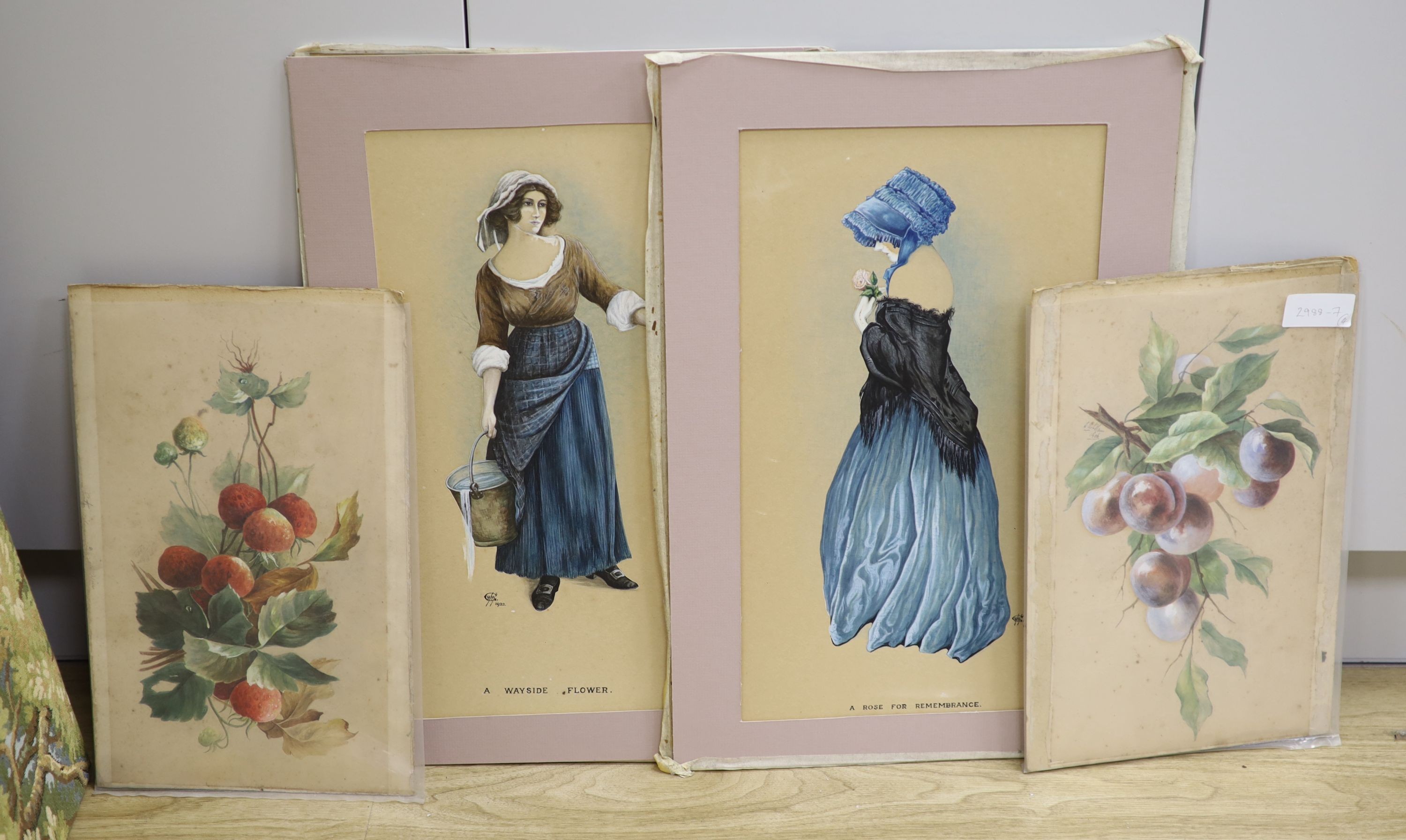 English School c.1922, pair of watercolours, 'A Rose for Rembrance' and 'A Wayside Flower', monogrammed, 45 x 26cm and two watercolour studies for fruit dated 1906, 38 x 20cm